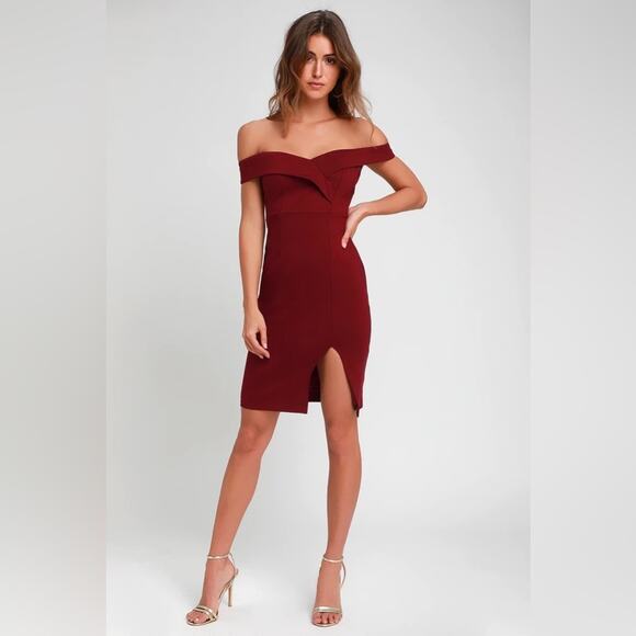 Lulus NWT Classic Glam Burgundy Off the Shoulder Bodycon Dress L - Picture 1 of 9